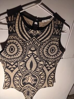 Black and Cream Patterned Sleeveless Bodysuit